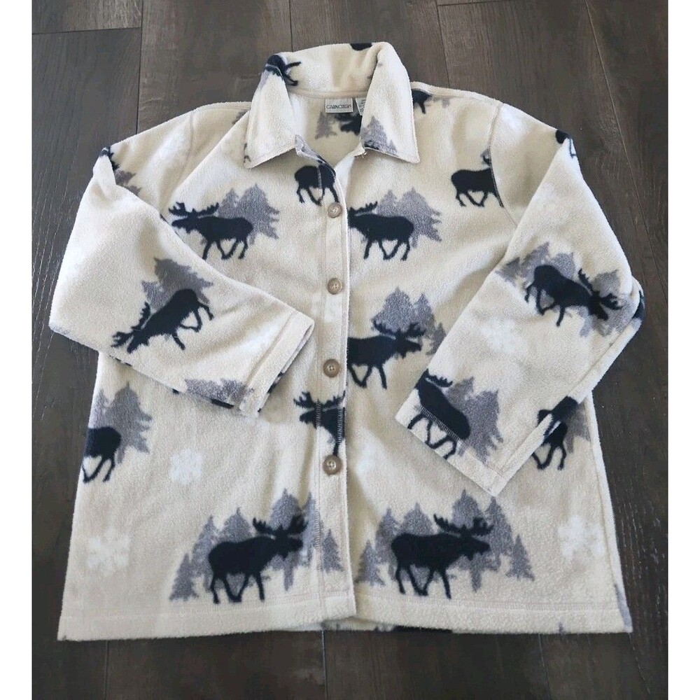 Womens L Cabin Creek Vintage Fleece Shirt Jacket Moose Print Collared Button Up